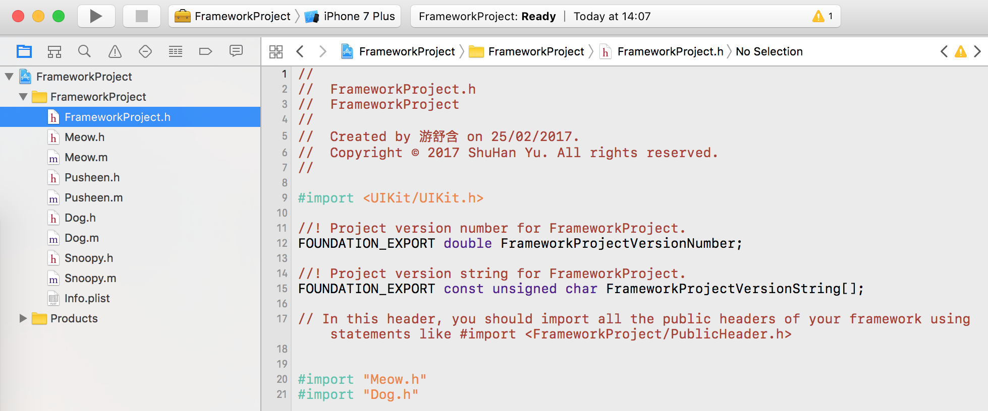 在 frameworkName.h 檔案中加入欲公開的 header 檔